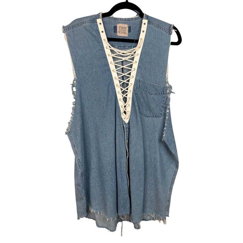 Furst Of A Kind Upcycled Denim Vest With Lace-Up Frayed Hem Punk Rockabilly